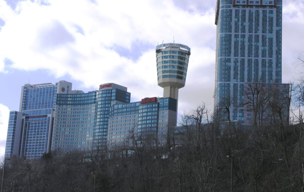 The Fallsview hotel district in Niagara Falls, Ontario: a cluster of high-rise hotel towers above the Horseshoe Falls