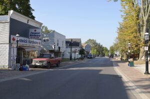 Main-street view of downtown Fenwick, Ontario, looking along Canboro Road. On the left, a storefront with a projecting sign reading "Fenwick Hardware" and a red pickup truck parked in front; a low commercial building with "Avondale Food Stores" further down. Black lampposts and a large maple tree line the sunny, near-empty street.
