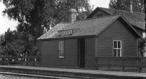Black-and-white historical photograph from the 1920s of the Sherkston railway station building in Sherkston, Ontario, on the Niagara Peninsula.